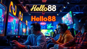 Hello88 gaming environment featuring excited players and vibrant screens.