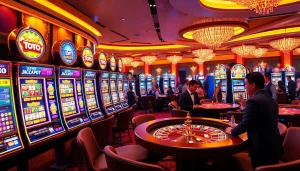 Pemain kasino yang antusias menikmati sensasi mesin Toto Slot dalam suasana yang hidup.