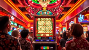 Jelajahi mahjong slot mesin dengan latar belakang kasino yang ceria dan pemain bersemangat.