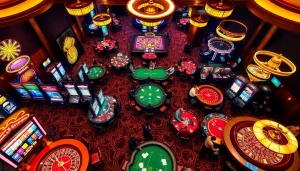 Situs Slot Terpercaya players engaged at upscale casino tables surrounded by vibrant slot machines.