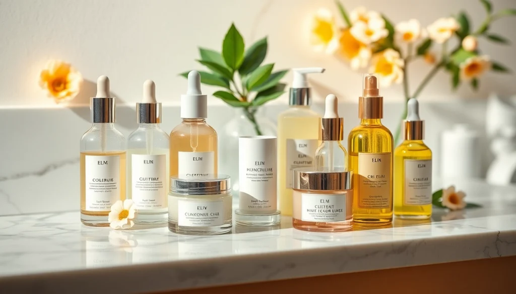 Upptäck de bästa hudvårdsprodukterna, konstnärt arrangerade på en marmorbänk, som speglar lyx och välbefinnande.