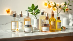 Upptäck de bästa hudvårdsprodukterna, konstnärt arrangerade på en marmorbänk, som speglar lyx och välbefinnande.