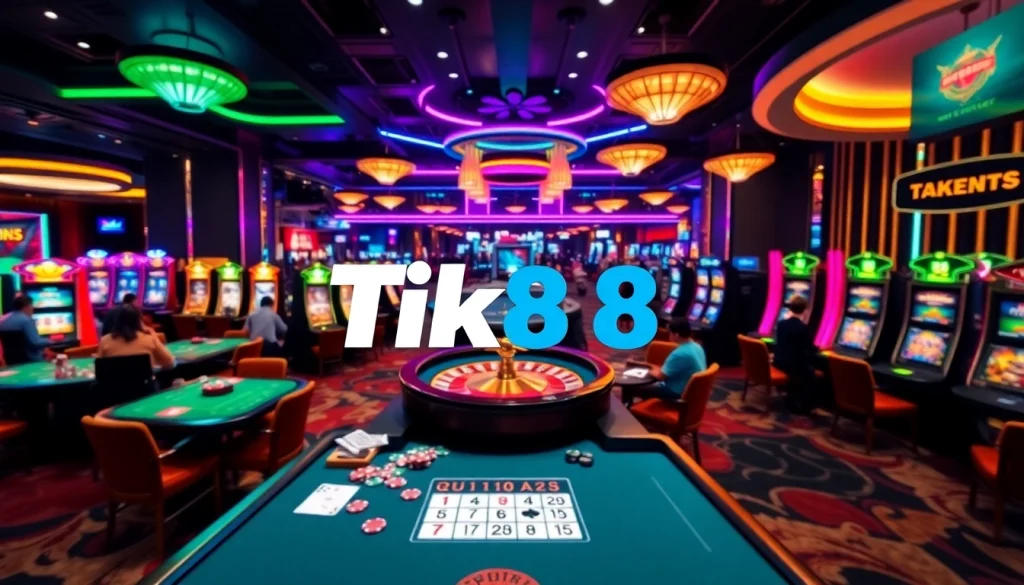 Tham gia trải nghiệm chơi đầy hồi hộp tại Tik88 với hình ảnh casino sống động, các lá bài và trò roulette.