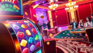 Permainan slot bet 50 perak dengan mesin slot berwarna cerah dan suasana kasino yang meriah.