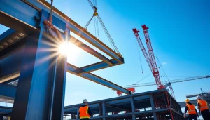 Workers overseeing structural steel installation with cranes on a construction site.