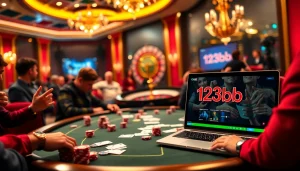 Engaging scene with casino excitement featuring 123b poker table, vibrant chips, and roulette wheel.