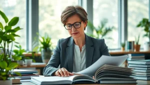 Environmental lawyer reviewing case files in a modern office filled with plants.