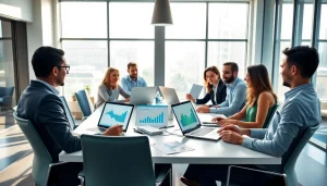 Engaged team analyzing competitive intelligence data in a modern office setting.