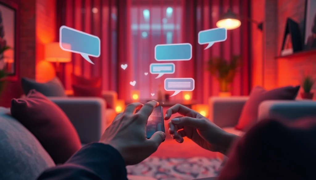 Engaging in intimate ai sexting via a sleek smartphone in a cozy lounge setting.