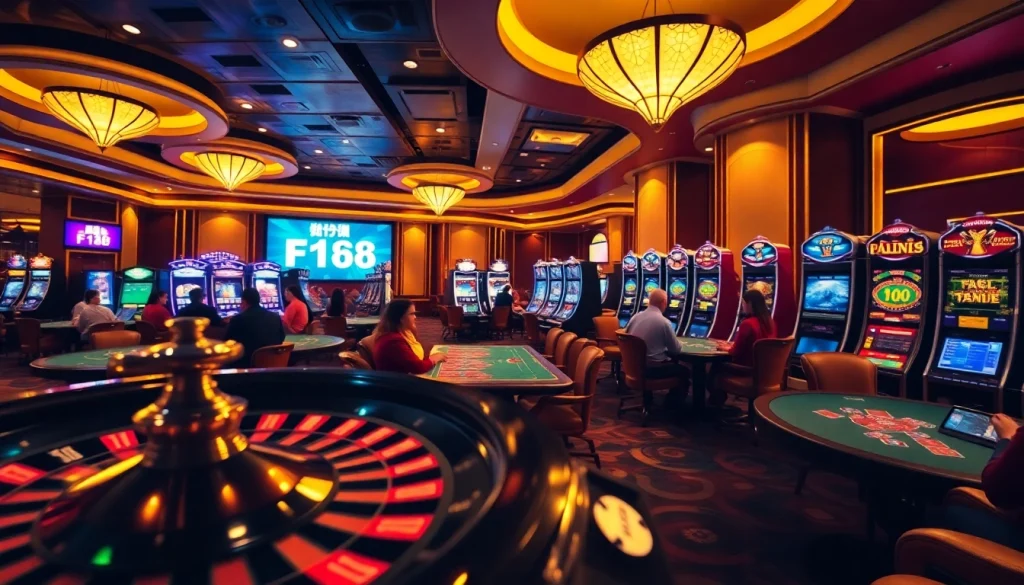 Engaged gamblers enjoying an exciting game scene, featuring the keyword ลิงก์ F168, in a lively casino.