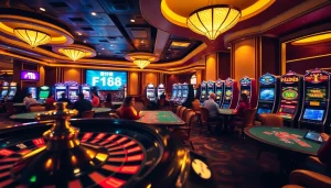 Engaged gamblers enjoying an exciting game scene, featuring the keyword ลิงก์ F168, in a lively casino.