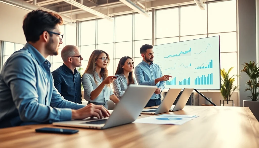 Team analyzing competitive intelligence data in a bright, professional office setting.