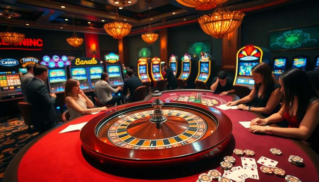 Players enjoying the excitement of birutoto at an elegant casino table, surrounded by colorful slot machines.