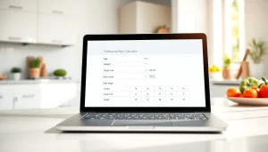 Calculate your macros easily with this macro calculator displayed on a laptop in a bright kitchen.
