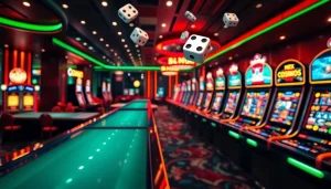 Experience the excitement of online gambling with Fly88 link in a luxurious casino scene.