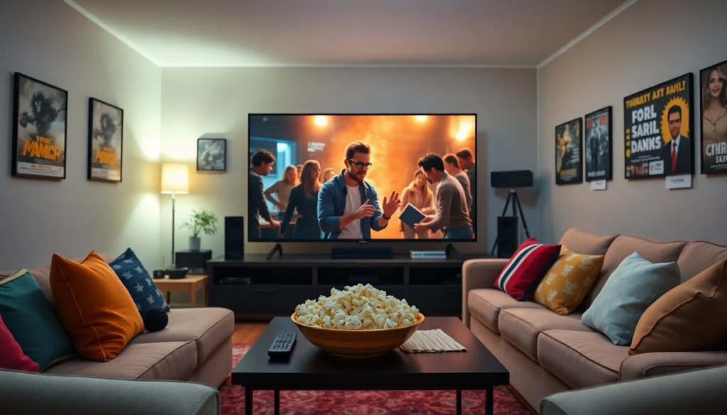 Cozy living room showcasing filme online subtitrate viewing experience with popcorn and movie posters.