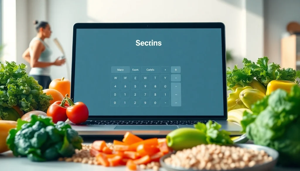 Calculate personal nutrition needs with a macro calculator displayed on a laptop next to fresh foods.