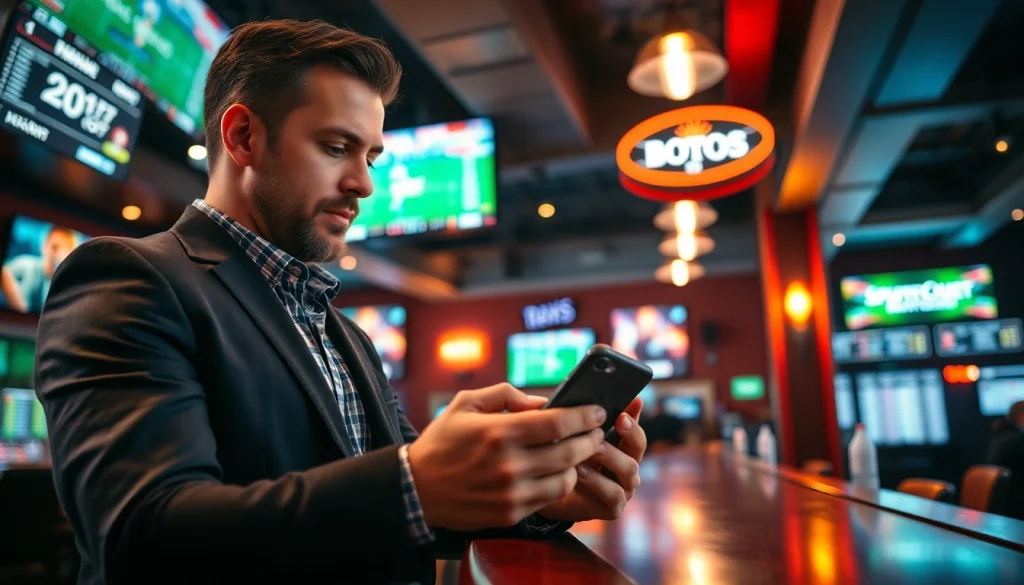 Engaging scene of Texas sports betting with a gambler using an app in a lively sports bar.