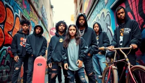 Stylish edgy streetwear fashion on diverse individuals in an urban setting.