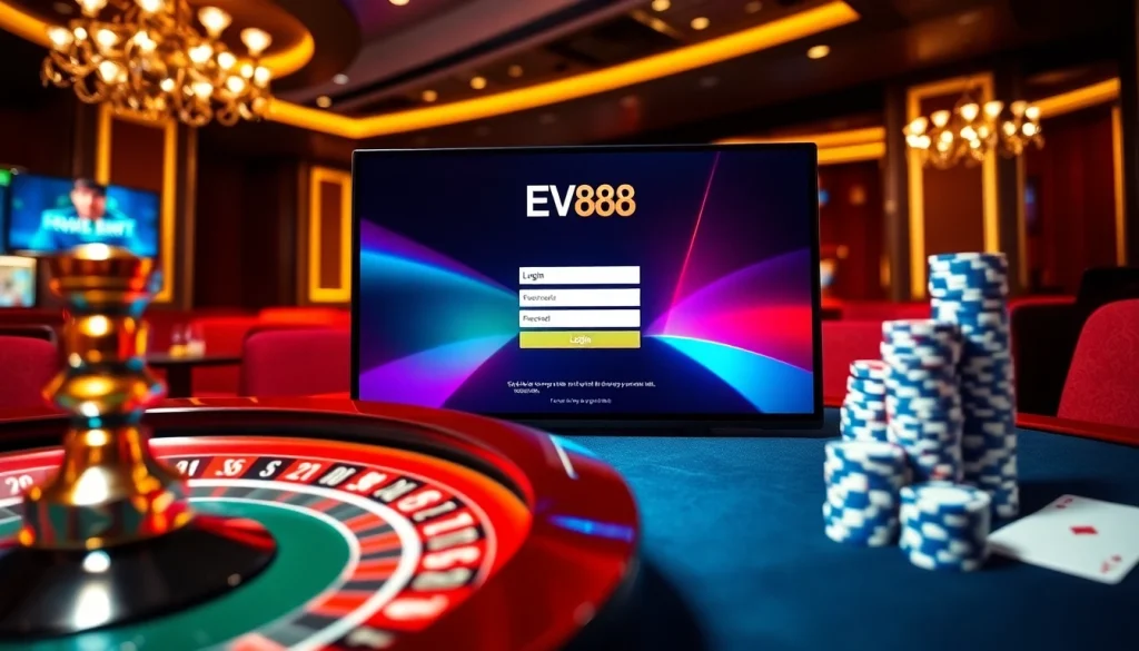 Experience the excitement of EV88 login with a luxurious online casino setup featuring vibrant roulette.