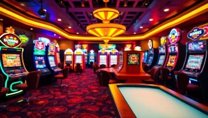 Menggambarkan suasana kasino yang meriah di Istana777 Situs dengan berbagai mesin slot dan meja permainan.