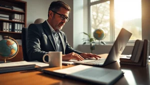 Traducteur italien certifié professionnel travaillant avec diligence dans un espace de bureau lumineux.