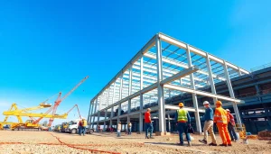 Engaging scene of structural steel construction work involving skilled workers and large frameworks.