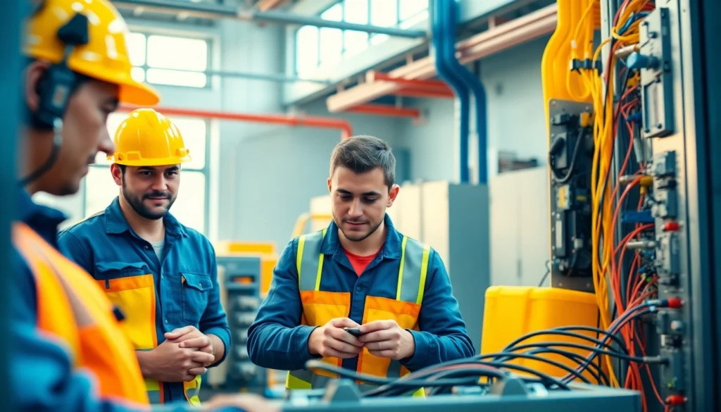 Engaged trainees in an electrician apprenticeship hawaii program work collaboratively in a workshop.