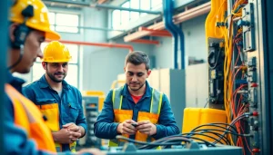 Engaged trainees in an electrician apprenticeship hawaii program work collaboratively in a workshop.