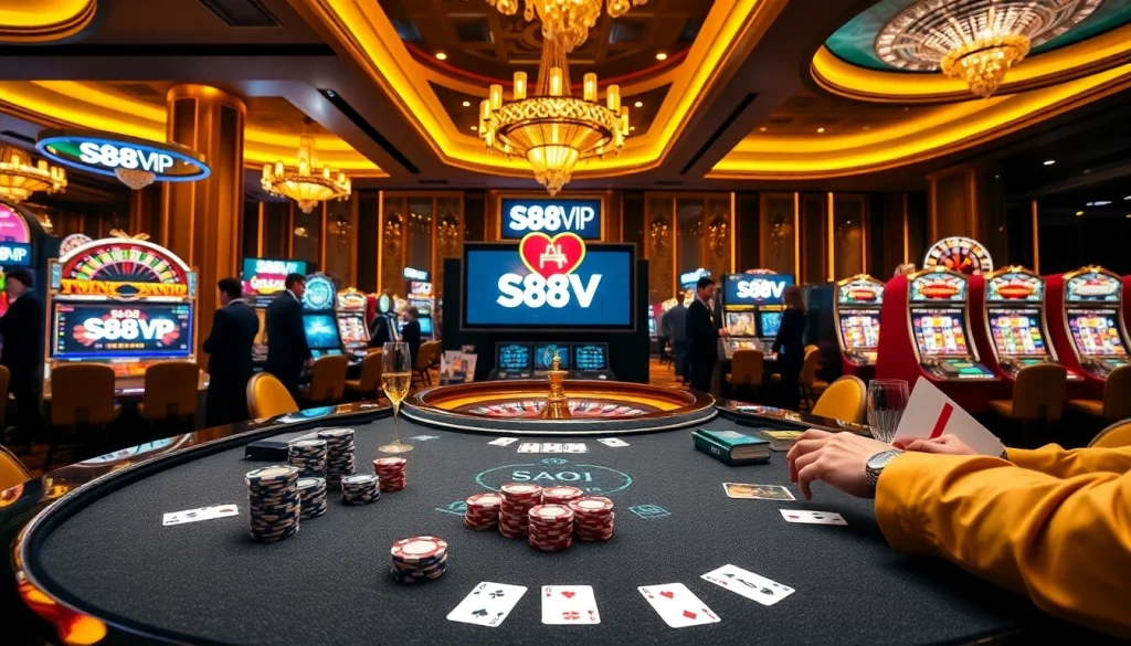 S88VIP poker table with high-stakes chips and glamorous casino atmosphere