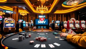 S88VIP poker table with high-stakes chips and glamorous casino atmosphere