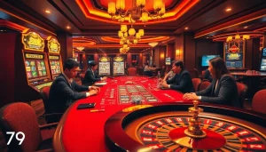 A dynamic casino scene depicting players enjoying poker and slot machines, emblematic of 79king 4.