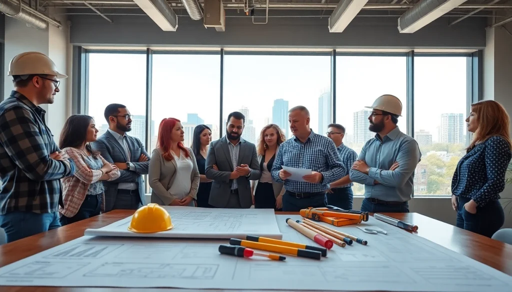 Engaging interaction among construction professionals highlights construction advocacy carolinas in a modern office.