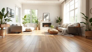 Carrelage imitation parquet dans un intérieur élégant aux tons chauds et terreux.
