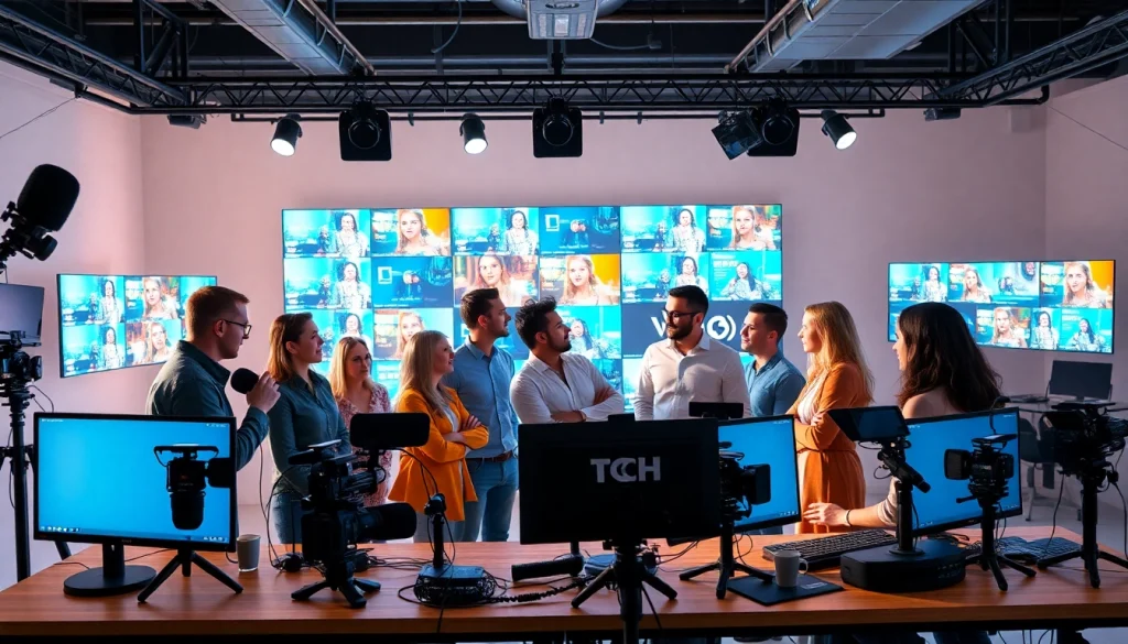 Engaged team of a Creative Video Production Agency collaborating in a bright studio environment.