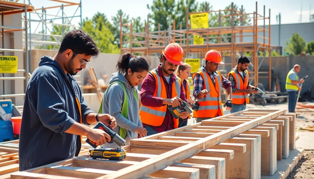 Engaging construction training programs demonstrating hands-on skills in a lively outdoor environment.