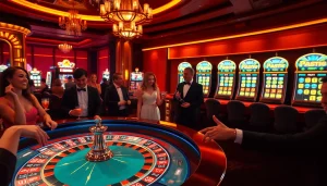 Players engaging in an exciting roulette game at RR88, surrounded by vibrant casino elements.