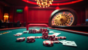 Players enjoy the excitement of nk88 with casino chips and cards on a stylish poker table.