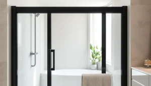 Stylish black shower door frame enhancing a modern bathroom design atmosphere.