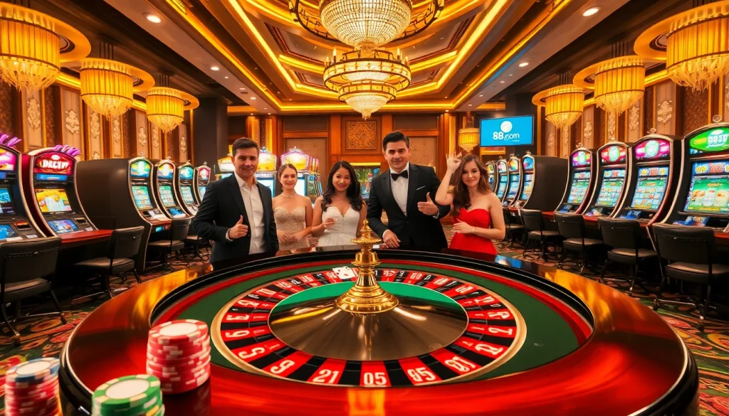 Experience thrilling gambling action at 88i com with lively roulette players and luxury casino atmosphere.