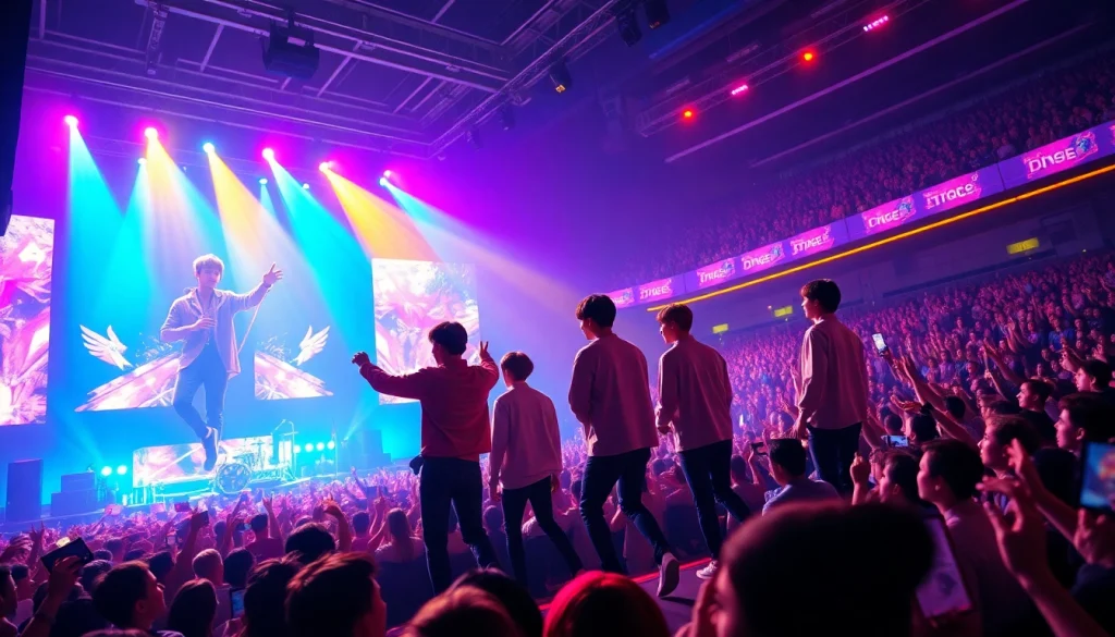 BTS news spotlighting the band during an energetic live performance on stage.