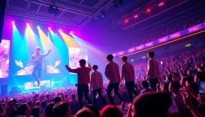 BTS news spotlighting the band during an energetic live performance on stage.