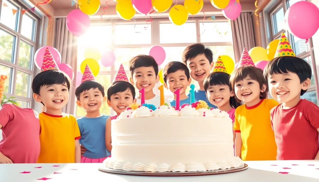Celebrate a lively Singapore birthday party with children gathered around a colorful cake and decorations.