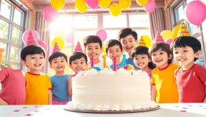 Celebrate a lively Singapore birthday party with children gathered around a colorful cake and decorations.