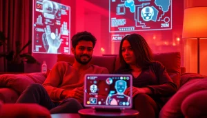 Engaging in ai sex chat with a sophisticated AI chatbot in a cozy, tech-infused environment.