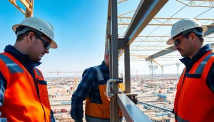 Workers engaging in structural steel installation with precision in an industrial setting.