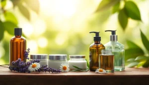 Naturali kosmetika displays botanical ingredients and elegant packaging on a serene wooden table.