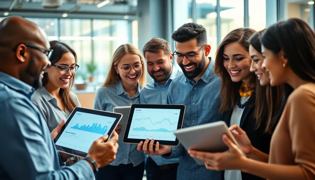 Team brainstorming Social Media Marketing strategies with technology in a modern office