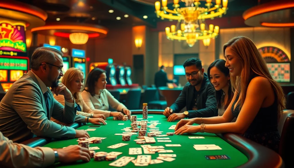 Players enjoying a game at a poker table, highlighting situs deposit 5k for an engaging casino experience.