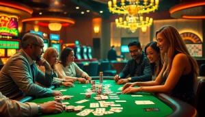 Players enjoying a game at a poker table, highlighting situs deposit 5k for an engaging casino experience.